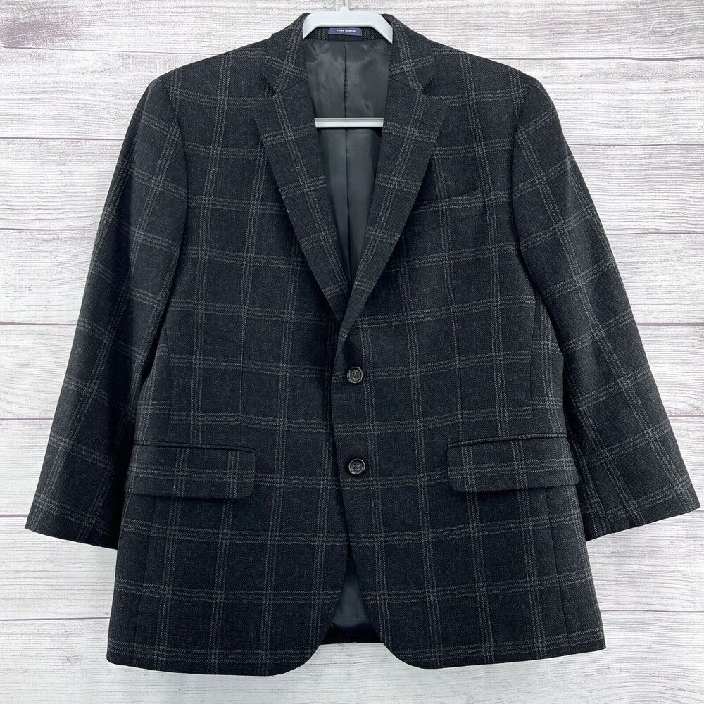 Stafford‎ Merino Wool Blazer Charcoal Gray Sz 40R Windowpane Sports Coat Classic
